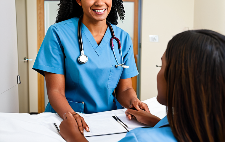 A compassionate female nurse, dressed in a professional, modest scrub uniform, fully clothed, is gently engaging in an empathetic conversation with an individual in a bright, clean, professional clinic setting. The nurse is actively listening with a supportive expression. The overall image conveys a sense of trust and care, focusing on her role as a first responder in mental health support. This image features perfect anatomy, correct proportions, natural pose, well-formed hands, and proper finger count, ensuring natural body proportions. It is safe for work, appropriate content, and family-friendly.