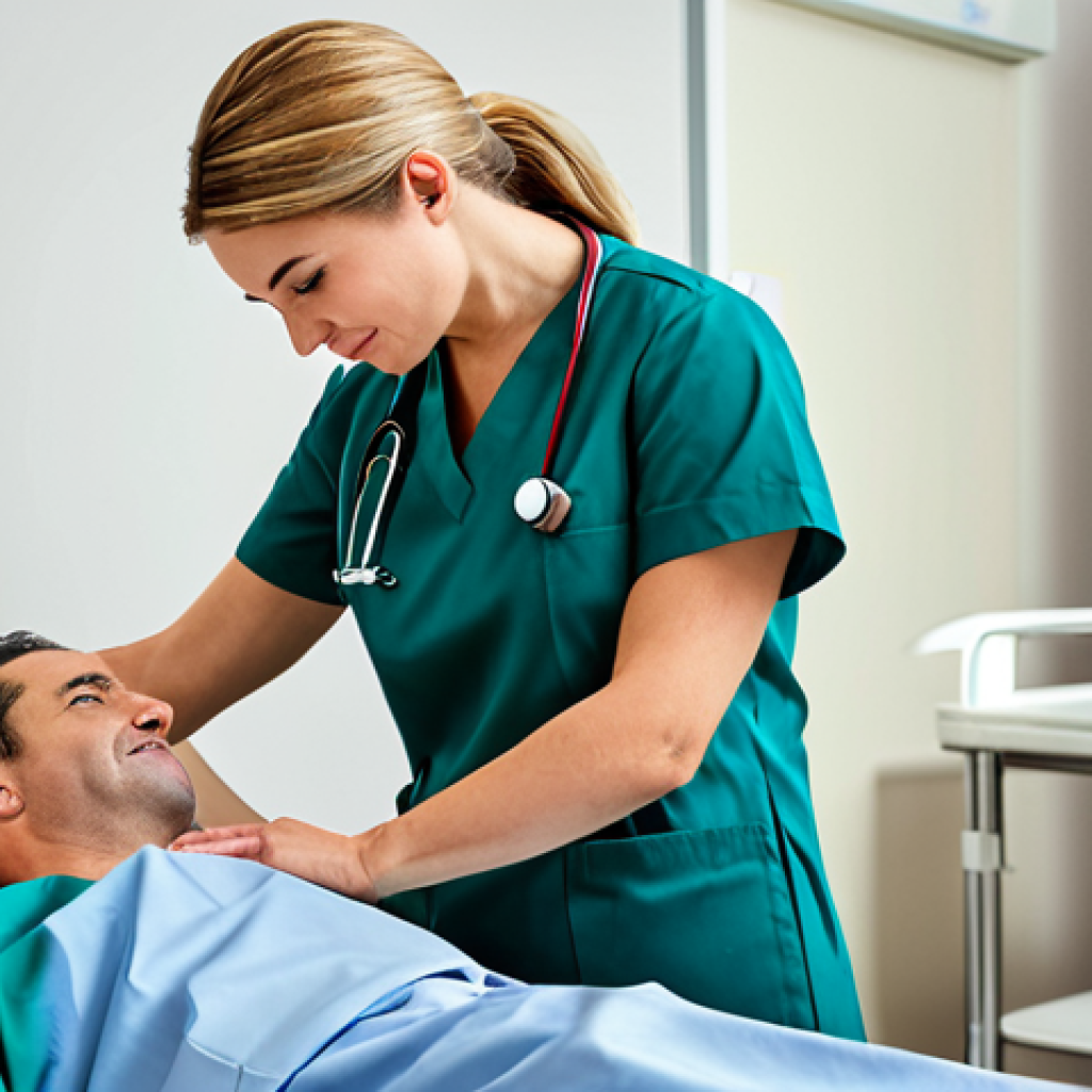 통증 관리 간호 - A compassionate nurse in a professional uniform, fully clothed, providing comfort to a patient in a ...