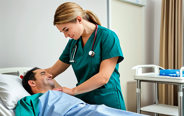 통증 관리 간호 - A compassionate nurse in a professional uniform, fully clothed, providing comfort to a patient in a ...