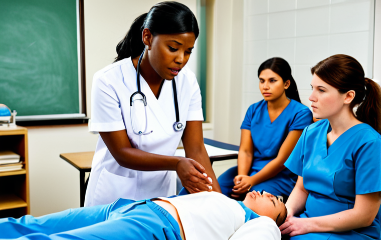 통증 관리 간호 - A compassionate nurse in a professional uniform, fully clothed, providing comfort to a patient in a ...