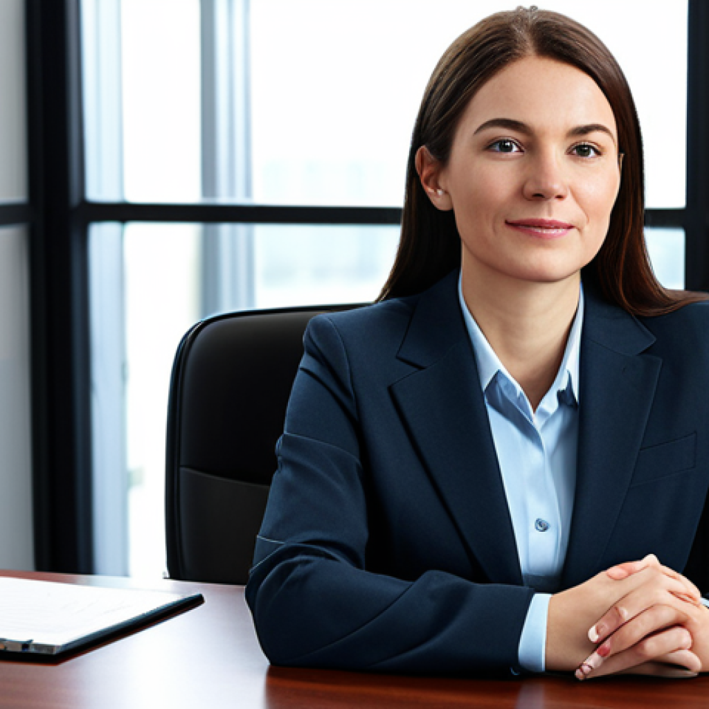 간호사 해외 취업 및 이민 - A professional businesswoman in a modest business suit, sitting at a desk in a modern office, fully ...