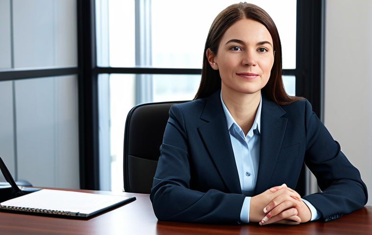 간호사 해외 취업 및 이민 - A professional businesswoman in a modest business suit, sitting at a desk in a modern office, fully ...