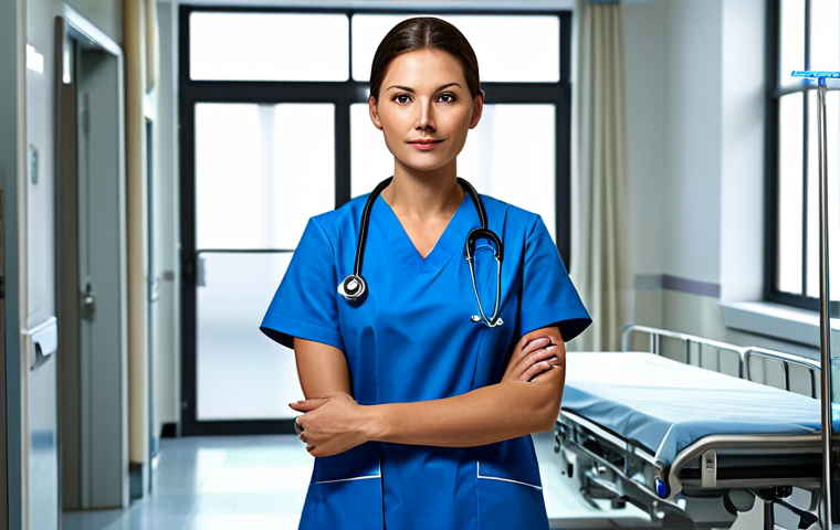 간호사 해외 취업 및 이민 - A professional businesswoman in a modest business suit, sitting at a desk in a modern office, fully ...