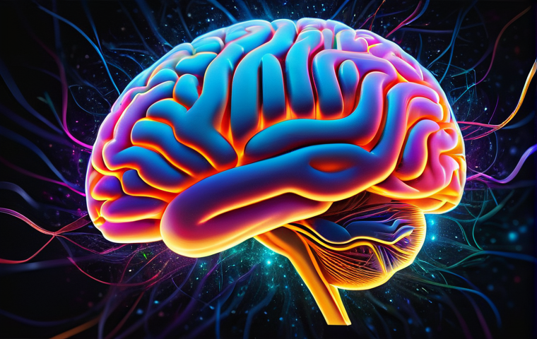 신경계 간호 - **Prompt:** A vibrant, conceptual illustration of the human brain as a complex, glowing cosmos. Insi...