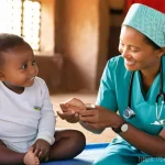 간호사 봉사활동 및 사회 공헌 - **Prompt:** A compassionate female nurse, wearing a clean, practical uniform and a warm smile, is si...