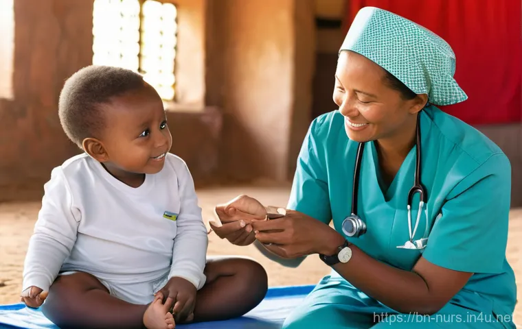 간호사 봉사활동 및 사회 공헌 - **Prompt:** A compassionate female nurse, wearing a clean, practical uniform and a warm smile, is si...