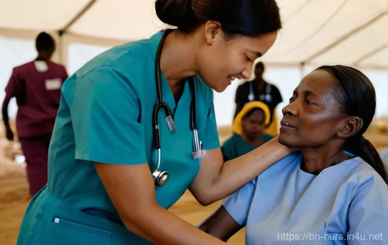 간호사 봉사활동 및 사회 공헌 - **Prompt:** A compassionate female nurse, wearing a clean, practical uniform and a warm smile, is si...