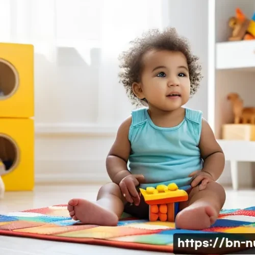 근거 기반 간호 - **Prompt:** A toddler wearing a brightly colored diaper, sitting on a patterned playmat surrounded b...