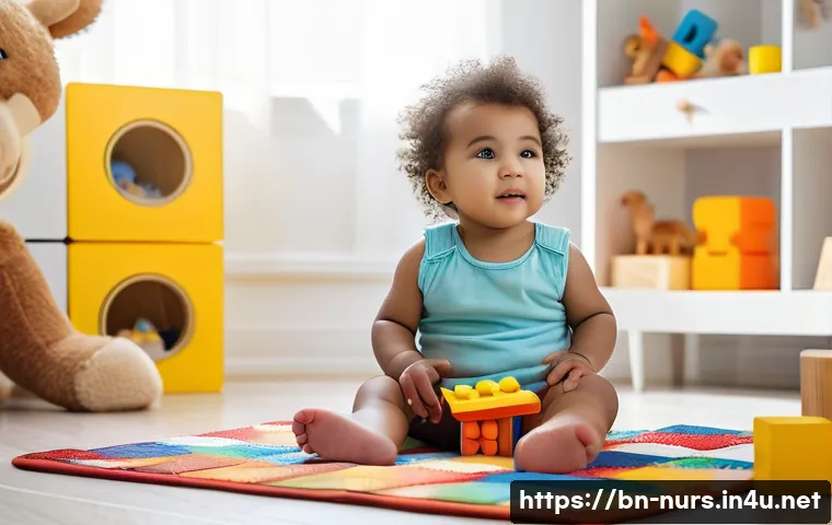 근거 기반 간호 - **Prompt:** A toddler wearing a brightly colored diaper, sitting on a patterned playmat surrounded b...