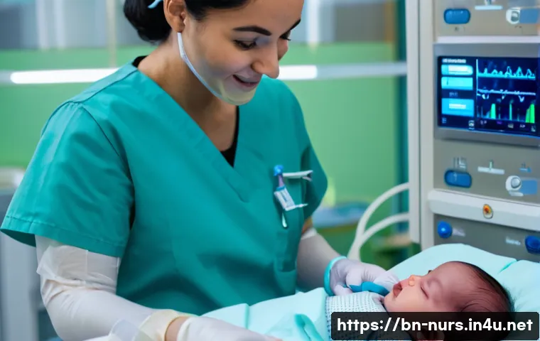 신생아 중환자실 NICU 간호사 역할 - A caring NICU nurse gently monitoring a premature newborn baby inside an incubator in a neonatal int...
