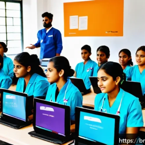 간호 교육과 학습 전략 - A modern e-learning classroom scene featuring a diverse group of Bengali nursing students engaging w...