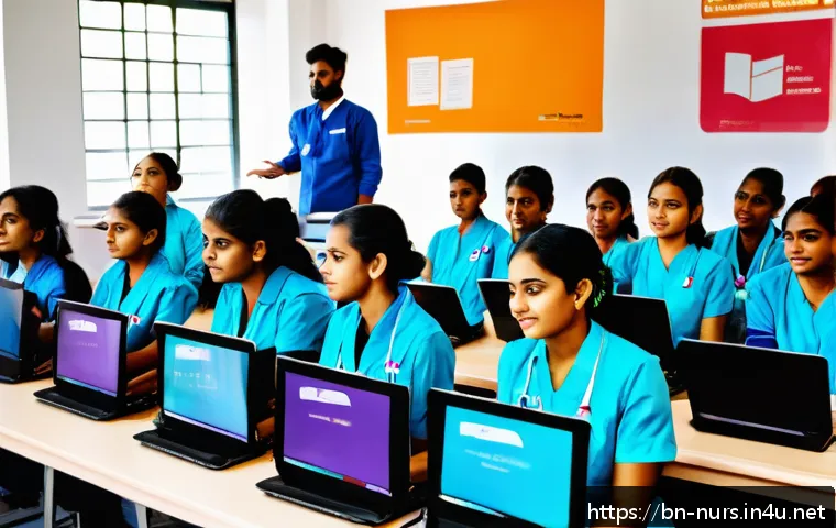 간호 교육과 학습 전략 - A modern e-learning classroom scene featuring a diverse group of Bengali nursing students engaging w...