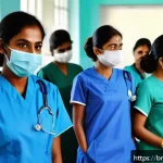 간호사 복지 및 혜택 비교 - A group of Bangladeshi female nurses in a busy government hospital setting, wearing professional nur...