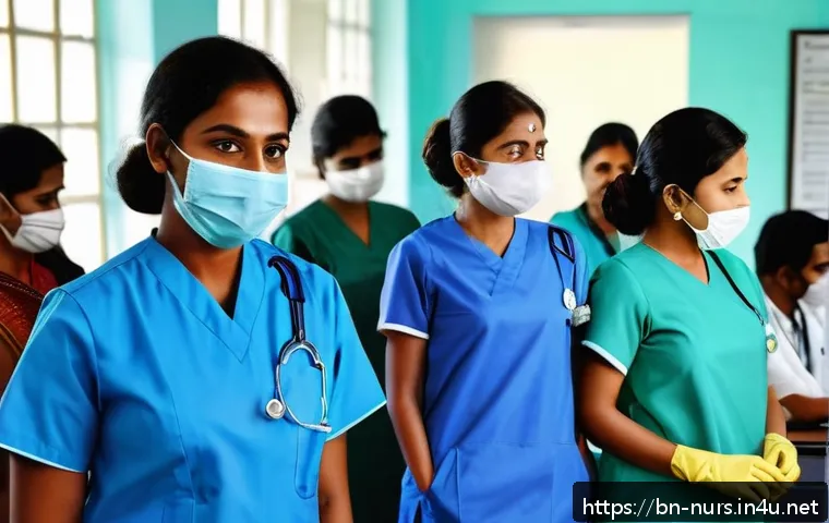 간호사 복지 및 혜택 비교 - A group of Bangladeshi female nurses in a busy government hospital setting, wearing professional nur...