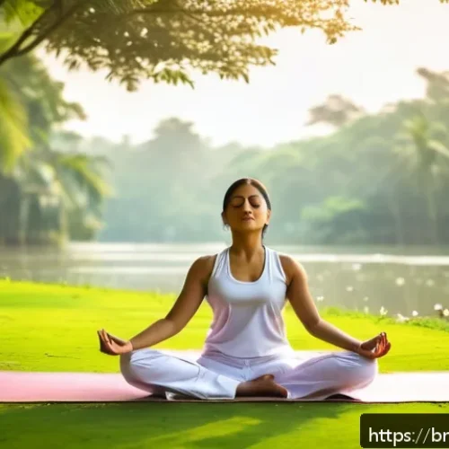 스트레스 관리 간호 - A serene morning scene showing a Bengali female nurse in comfortable sportswear and a light tank top...