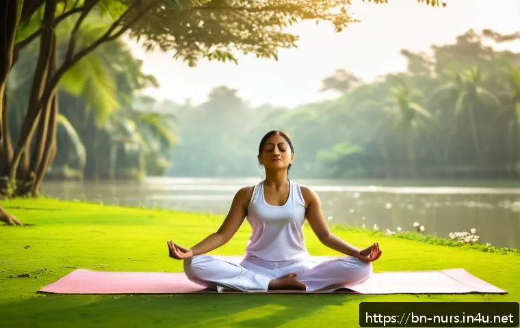 스트레스 관리 간호 - A serene morning scene showing a Bengali female nurse in comfortable sportswear and a light tank top...