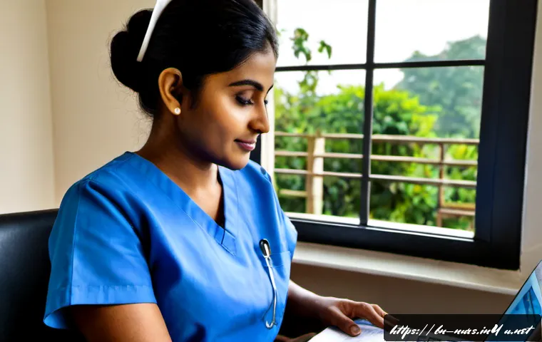 Home 17 간호사 봉급 및 연봉 비교 - Photorealistic South Asian nurse in clean professional scrubs sitting at a tidy home desk, calmly co...