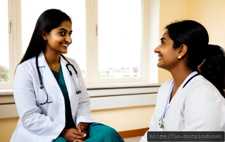 의료 질 향상과 환자 경험 - Photorealistic modern hospital consultation room, compassionate South Asian female doctor in modest ...