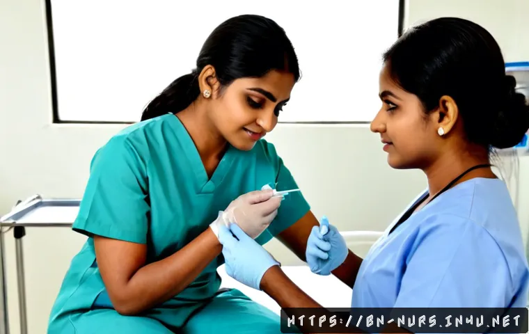 Home 17 혈액 및 면역계 간호 - Photorealistic hospital nursing scene, a South Asian nurse in clean scrubs carefully preparing a blo...